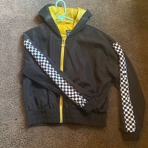 Justify black rain coat, labeled (L) fits like small!